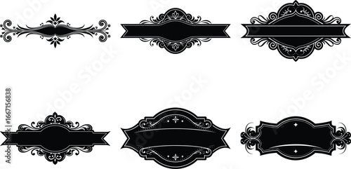 Vector art of assortment of six ornate vintage decorative frames and banners with elegant scrollwork and filigree