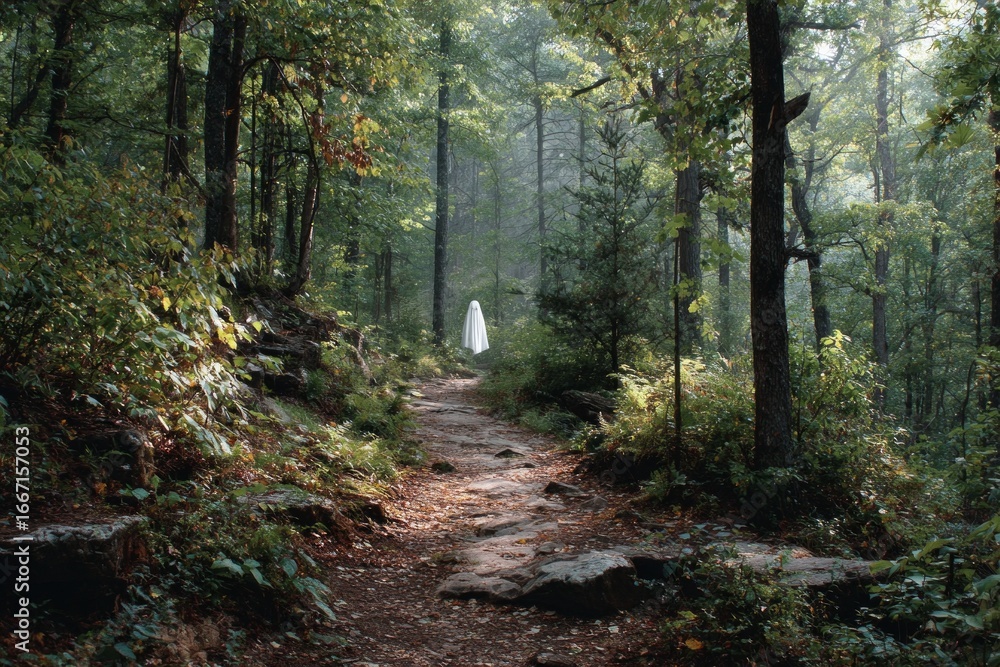 Fototapeta premium Ghost standing on a hiking trail in a misty forest, creating a spooky and mysterious atmosphere