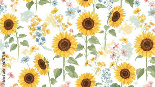 Vibrant watercolor floral seamless pattern with sunflowers and wildflowers on a dark background.