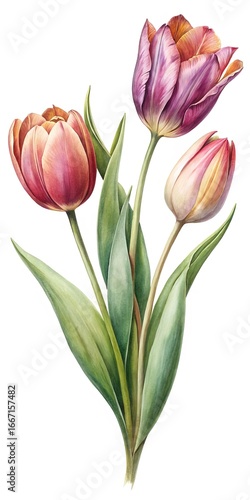 Elegant Watercolor Illustration of Three Colorful Tulips on a White Background