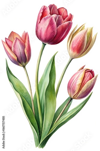 Wallpaper Mural Elegant watercolor illustration of four beautiful pink and red tulip flowers Torontodigital.ca