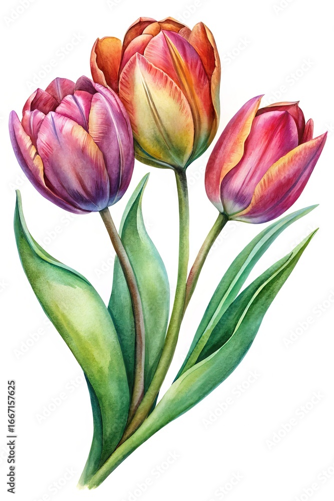 Naklejka premium Watercolor Painting of Three Beautiful Tulips with Vibrant Colors and Detailed Leaves