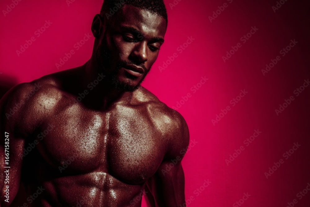 Fototapeta premium Studio shot of a muscular black man sweating on pink background