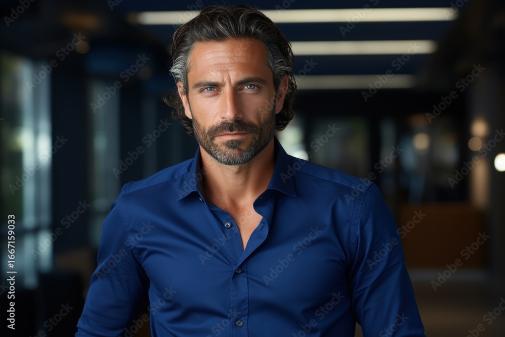 Naklejka premium A man stands confidently indoors, wearing a blue dress shirt that complements his striking blue eyes and stylish beard. His serious expression conveys charm and charisma in a modern setting