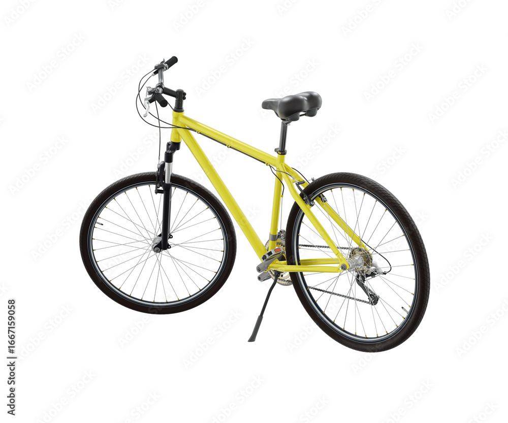 Obraz premium Yellow bicycle standing while leaning on kickstand, side back view. Bike resting on kick stand isolated on white background, 3D illustration