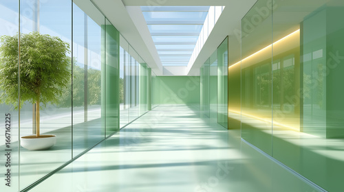 Minimalist glass hallway filled with natural light creating an invigorating atmosphere. Green walls and a potted plant add freshness. Concept of modern architecture  interior design  wellness