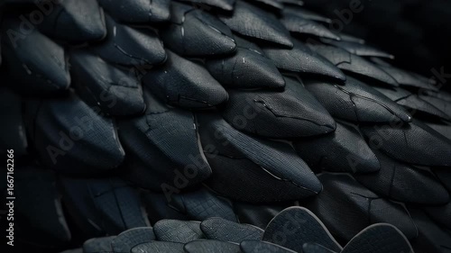 Close-up of dark dragon scales with rough texture and layered reptilian armor pattern.
