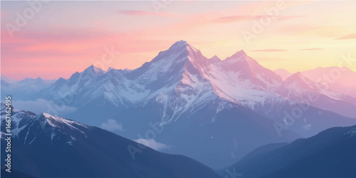 Morning sunlight streams across a stunning mountain landscape, illuminating the peaks and clouds with a gentle, golden glow