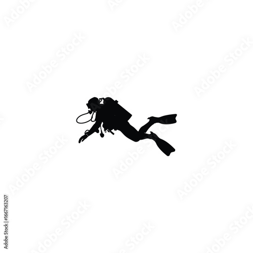 A scuba diver pointing forward with bubbles vector silhouette trending on Adobe Stock and microstock marketplaces
