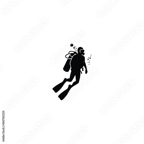 A scuba diver pointing forward with bubbles vector silhouette trending on Adobe Stock and microstock marketplaces