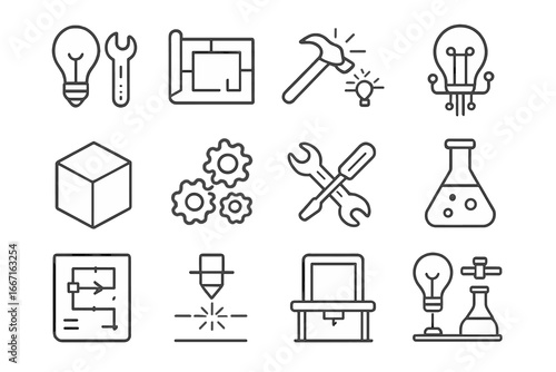 Creative invention icons tools lightbulb idea laser grid setup icon blueprint schematic