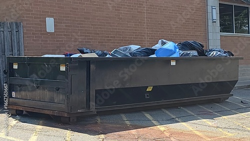Foto Large Roll Off Dumpster Full of Trash Metal Garbage Container Black Waste Heap P
