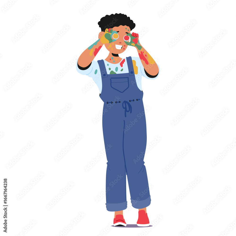 Playful boy child cartoon character in painted clothes having fun at art class isolated on white Playful boy child cartoon character in painted clothes having fun at art class isolated on white