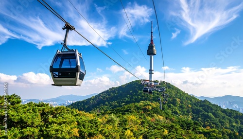 Cable car journey to the Seoul Tower over the Namsan mountain landscape