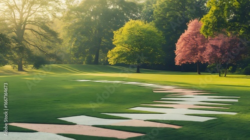 A Serene Spring Morning in a Lush Green Park with Unique Pathway