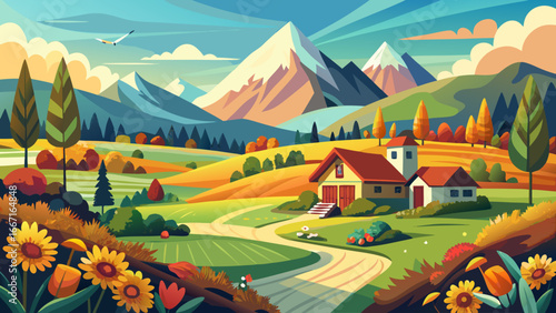 Beautiful rural landscape of mountains, fields, meadows, flower field, forest and sweet home. Landscape in early autumn.
