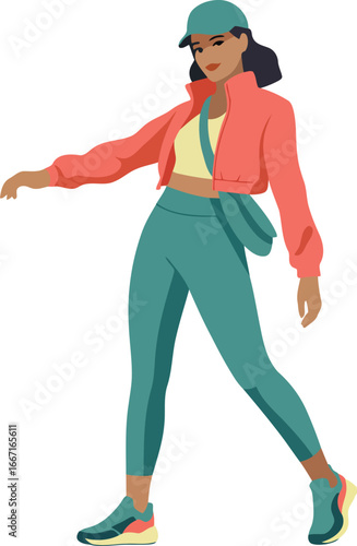 Woman wearing coral jacket teal cap and leggings vector