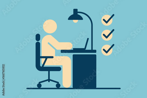 A stick figure working at a desk with a laptop under a lamp and check marks on the right side