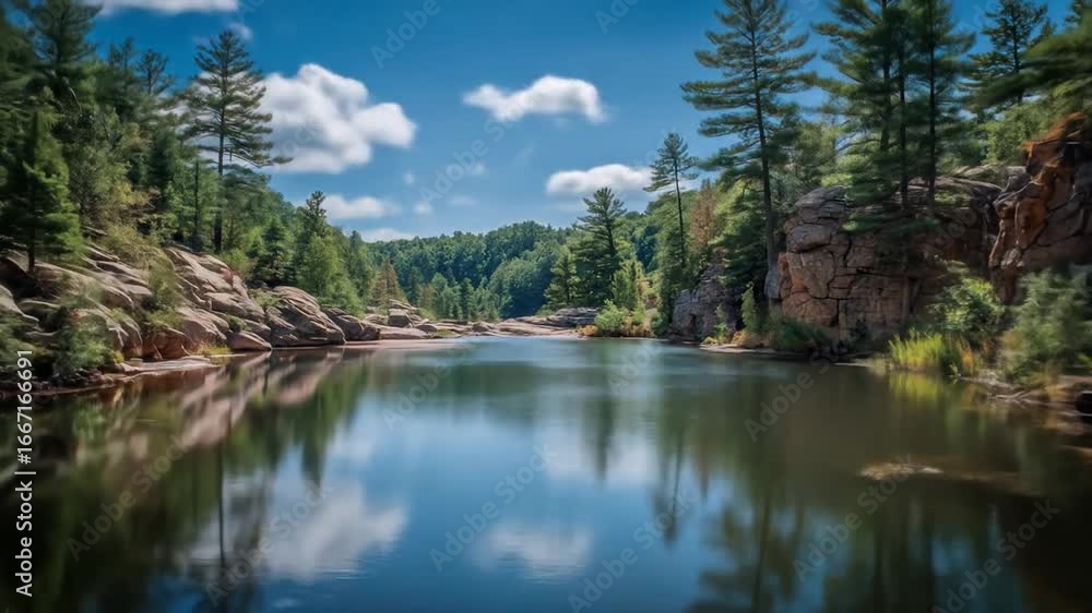 A tranquil lake reflects trees and clouds, with rocky shores and evergreen trees under a blue sky A tranquil lake reflects trees and clouds, with rocky shores and evergreen trees under a blue sky