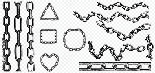 Grunge halftone chain clipart set with isolated chain links, broken chains, and chain frames in triangle, square, circle, and heart shapes on transparent background. Retro textured black and white des