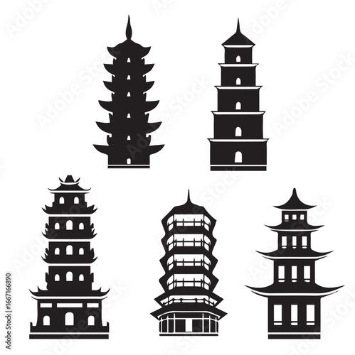  Chinese pagoda building icons set. Vector illustration. Black and white