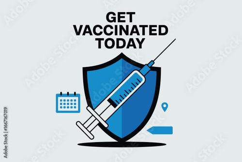 Get vaccinated today with syringe and shield illustration on a light gray colored background image design