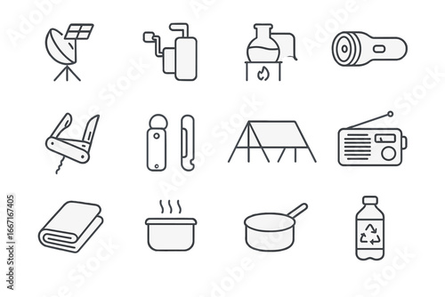 Icon stove blanket tarp bottle tools heater survival icons vector pot generator