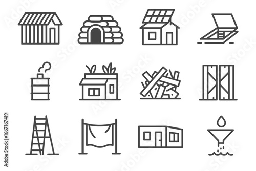 Container rainwater tower ladder makeshift chimney architecture funnel vector icon wall icons