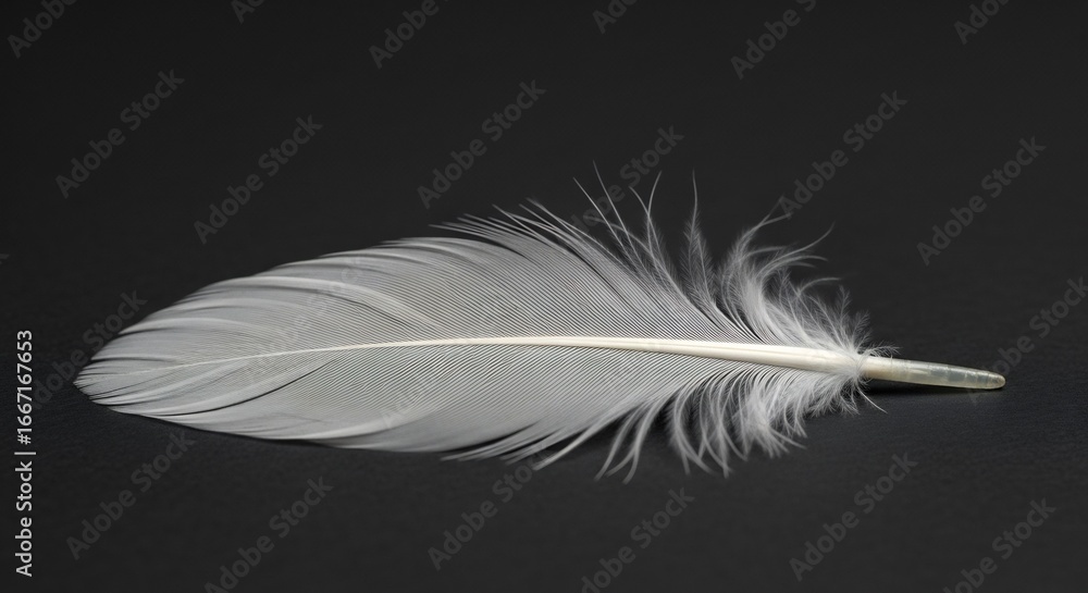 Obraz premium Delicate White Feather on Black Background CloseUp Detail Soft Texture.