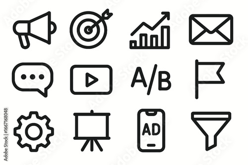 Set of 12 black digital marketing icons in flat vector style with white background, perfect for apps, websites, and advertising projects.