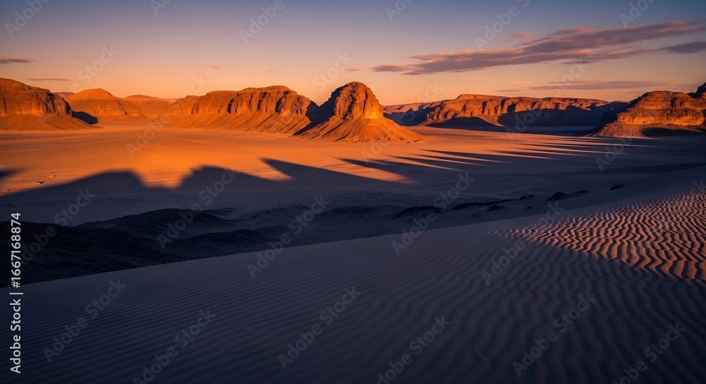 Naklejka premium Desert Landscape at Sunset Sand Dunes and Rock Formations in Golden Light.