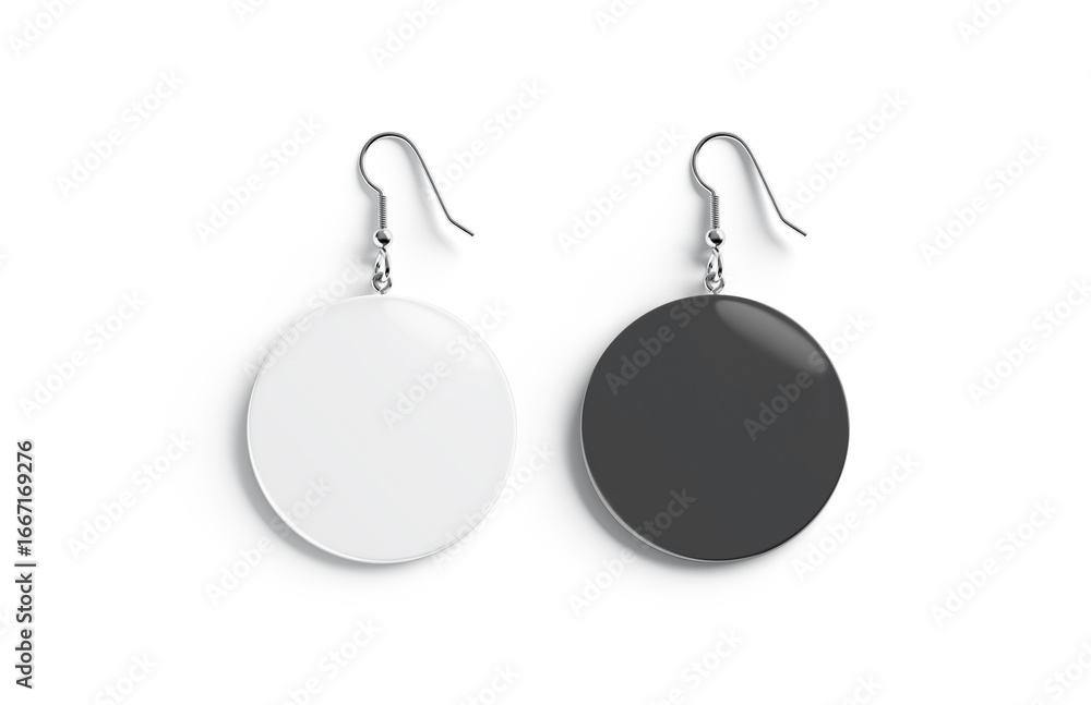 Blank black and white single round earring mockup, top view Blank black and white single round earring mockup, top view