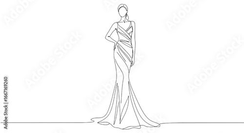 One Line Drawing of Woman in Elegant Evening Gown Abstract Minimalist Vector Illustration