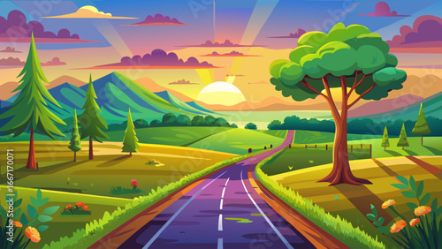  very Beautiful Road through a green field landscape scene at sunset, colorful summer vector nature illustration 
