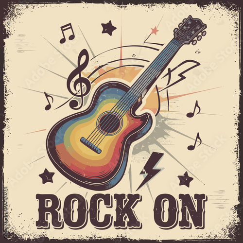 2d vector illustration art  Retro music guitar with symbol and rock music with colorful  background, Summer t shirt 
