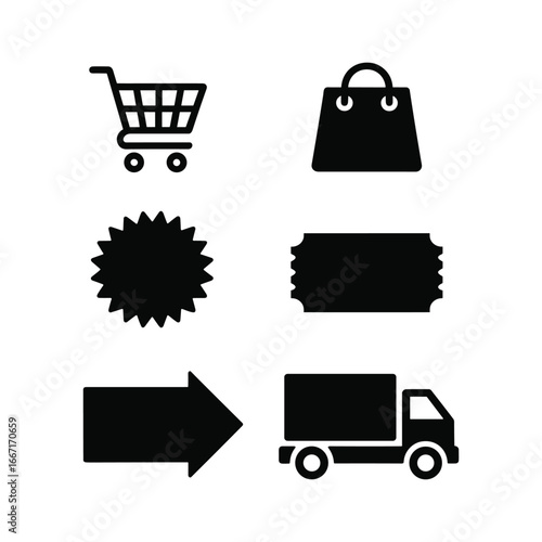 Collection of black e commerce icons for online shopping and delivery services