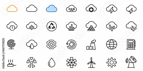 Dynamic set of eco and tech icons symbolizing green energy, data management, and environmental solutions for sustainable innovation and technological advancement