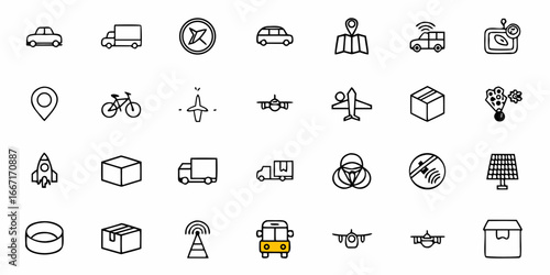 Modern transportation icons set for logistics, delivery, and travel concepts, offering versatile visuals for websites, apps, and presentations, originally a vector graphic