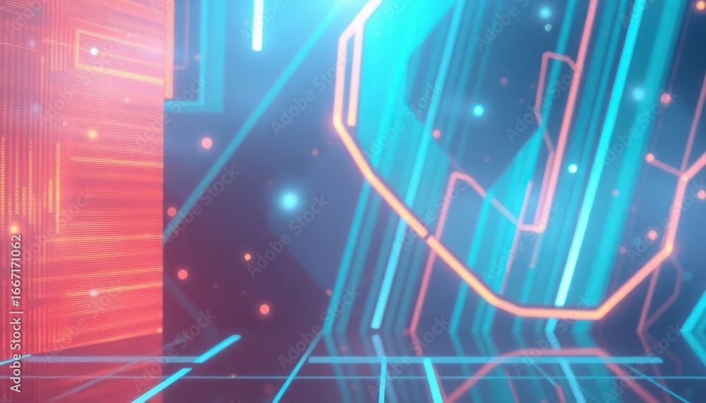Fototapeta premium Futuristic abstract background with glowing neon lines and geometric shapes, depicting digital technology, data flow, and virtual reality. Ideal for tech, business, and modern design projects.