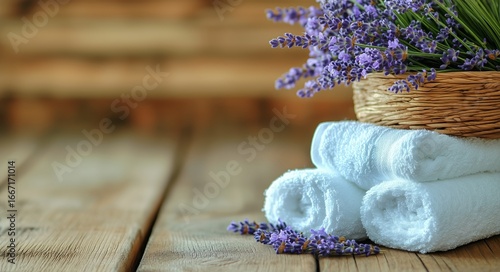 Freshly Folded White Towels Beside Blooming Lavender on a Wooden Surface for ...