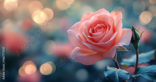 Beautiful Pink Rose Glows Softly Among Colorful Background Lights at Twilight.