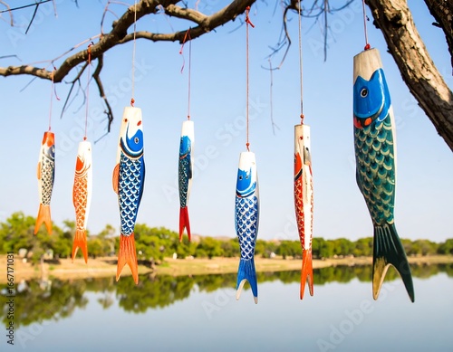 Colorful wooden fish decorations hanging from a tree over a lake