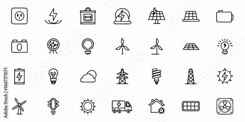 Empowering Clean Energy Future: Hand-Drawn Icons of Renewable Resources and Sustainable Technology for Eco-Friendly Projects and Green Initiatives