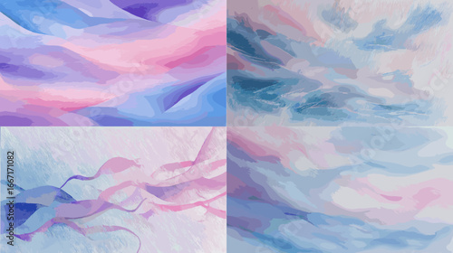 Abstract pastel sky and cloud watercolor painting in soft tones of blue and pink, ideal for backgrounds, wall art, invitations, and modern decorative design.