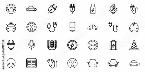 Hand Drawn Style Icons Featuring Electric Cars, Charging Plugs, and More - Perfect for Automotive, Technology, and Eco-Friendly Projects, originally a scalable vector graphic