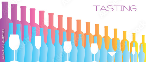 Wine tasting, poster horizontal format, banner for restaurant, flat illustration gradient, collection of wine bottles of different sizes, glasses, kitchen decor, party flyer design, drinks, red wine