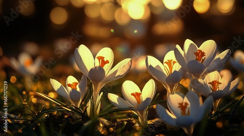 Bright Crocuses Bloom in the Warm Sunlight of Early Spring on a Tranquil Gard...