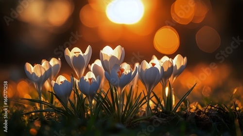 Beautiful White Crocus Flowers Bloom in the Sunset Glowing With Golden Light ...