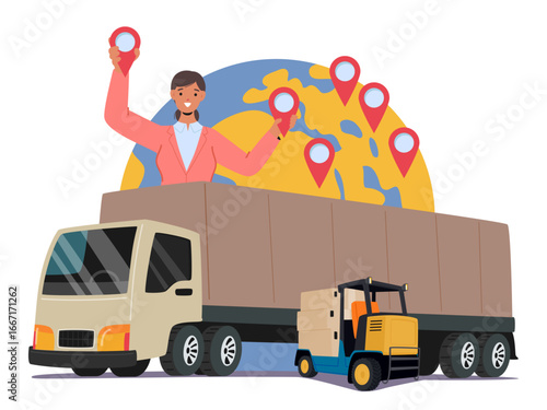 Woman logistician tracking warehouse and cargo delivery service provided by freight truck scene