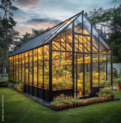 Greenhouse Filled With Vibrant Plants at Twilight in a Serene Garden